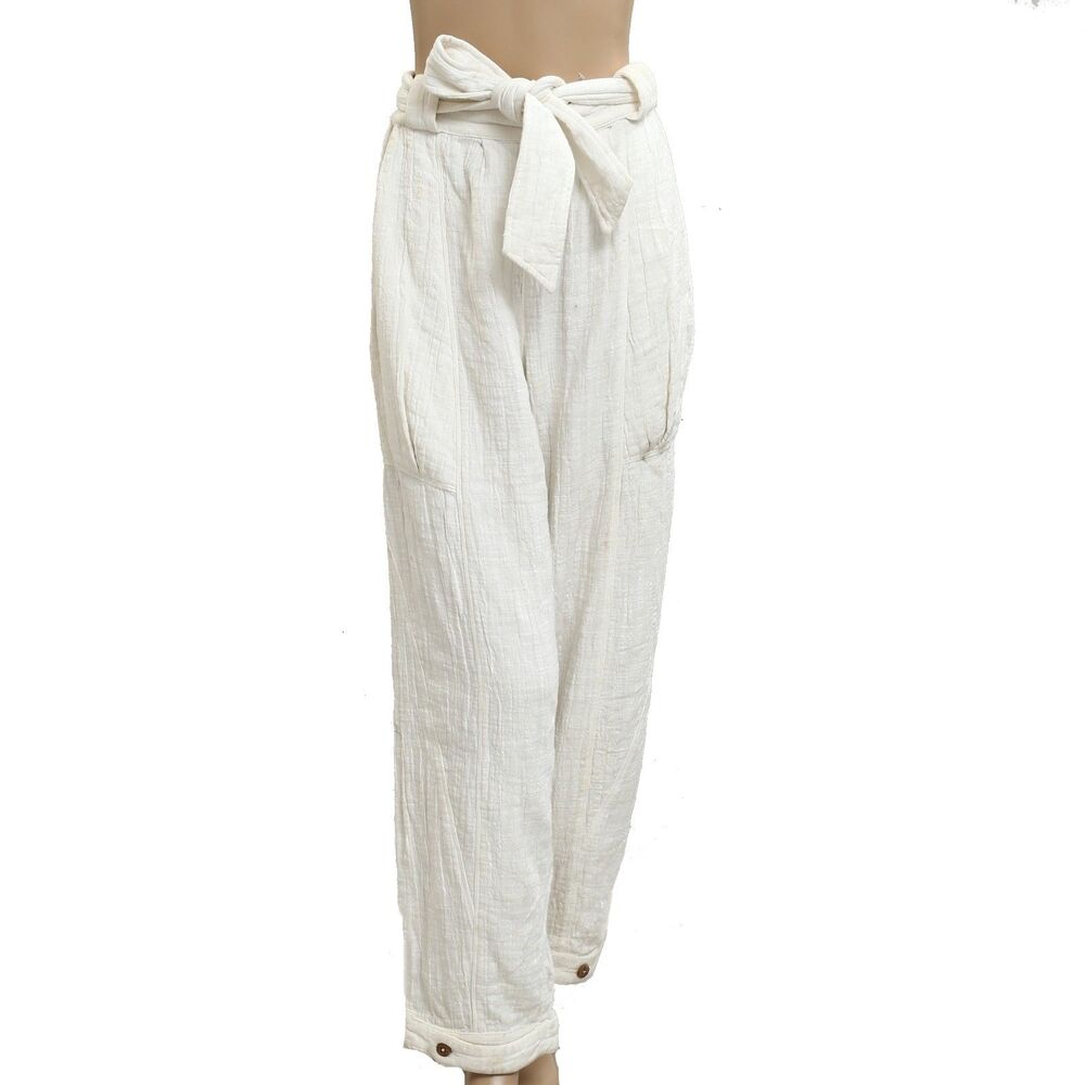 Free People Paper Bag Trousers Pants High Rise Straight Cotton Ivory XS 284229